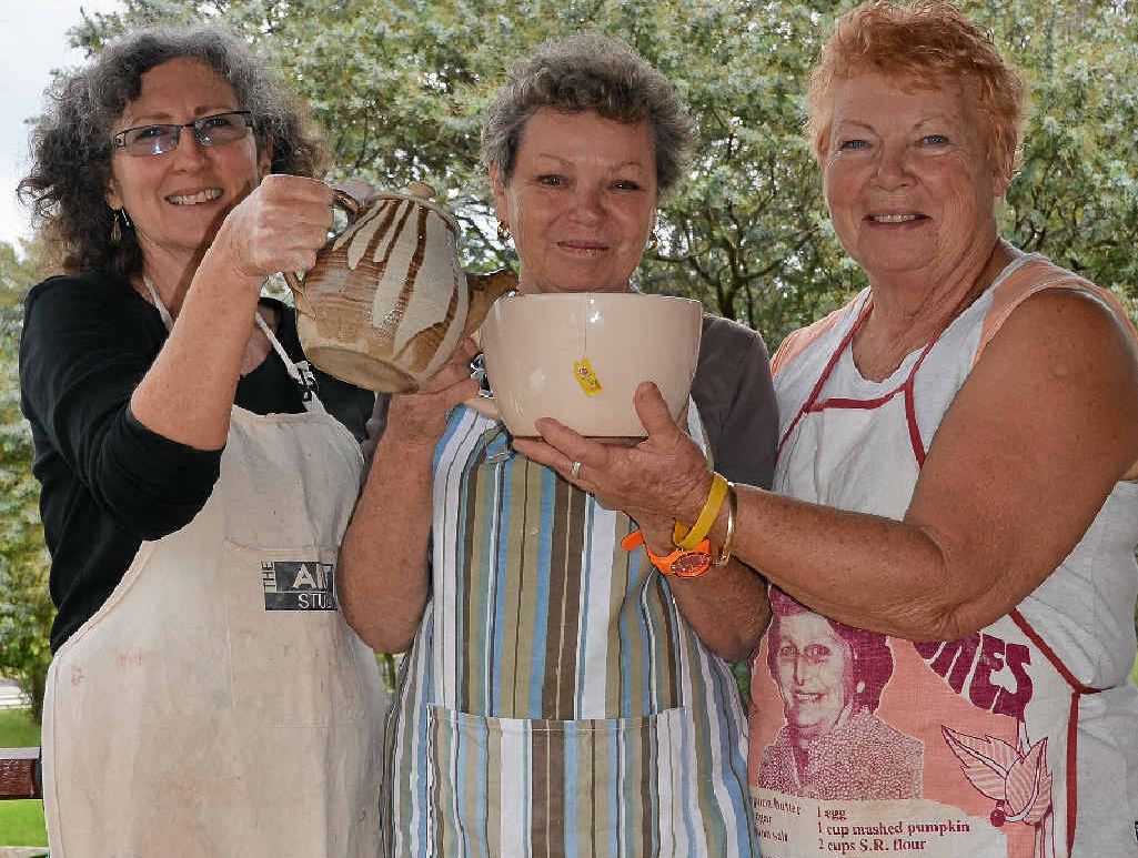 Potters Jan Laws, Jenny Shergold and Raye Batham are putting the kettle on. Potters Jan Laws, Jenny Shergold and Raye Batham are putting the kettle on.